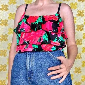 Vintage 90s black with red floral ruffles one piece swimsuit 🌸